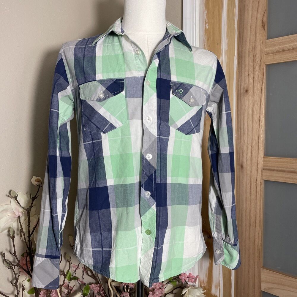 OP Blue Green Plaid Check Long Sleeve Button Up Shirt Adult Men's Size Small
